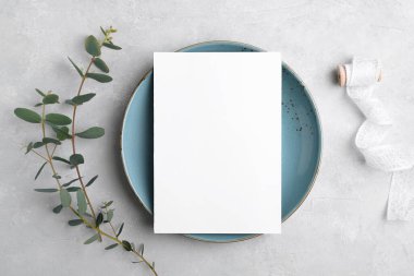 Wedding stationery invitation card mockup 5x7 on grey background with eucalyptus, Menu card mockup with table setting clipart