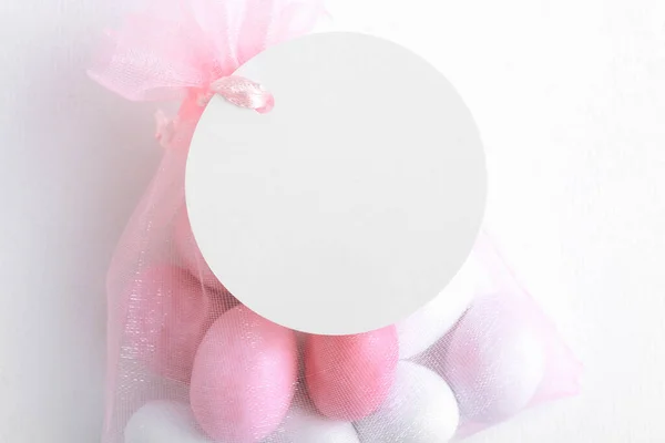 White Tag Mockup Gift Pink Chocolate Confetti Bag Pink Ribbon — Stock Photo, Image