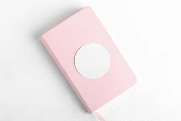 Sticker Mockup Circle White Adhesive Label Mockup Pink Book White — Foto Stock