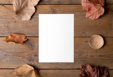 Autumn blank card mockup for thanksgiving day, DIY invitation, holidays preparation and creativity layout. Thanksgiving mockup greeting card, flat lay, 5x7 ratio, similar to A6, A5