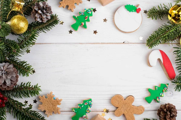 Fond Cadre Noël Avec Biscuits Pain Épice Noël Branche Sapin — Photo