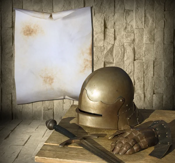 Knight armor and advertisement — Stock Photo, Image