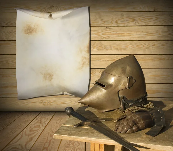 Knight armor and advertisement — Stock Photo, Image