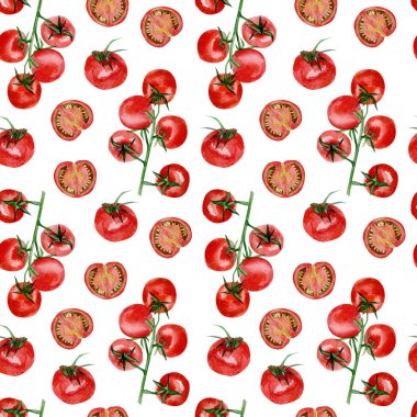 Suluboya kusursuz desenli domates. El boyası kırmızı sebze. Tekstil kumaşı ve ambalaj kağıdı, tekstil kumaşı, web sayfası tasarım yemek kitabı, menü.