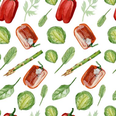 Suluboya desensiz sebze. El boyası tatlı kağıt, yeşillik, kuşkonmaz. Tekstil kumaşı ve ambalaj kağıdı için eko vejetaryen gıdalar, web sayfası tasarım yemek kitabı, menü.