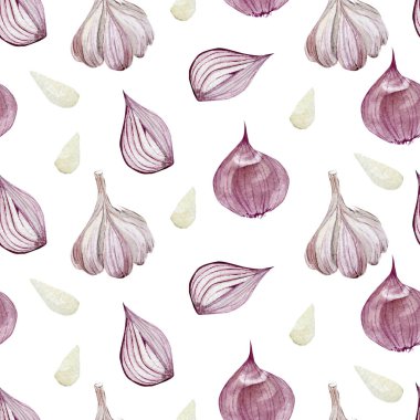 Suluboya kusursuz vejetaryen sağlıklı yiyecekler. El boyası sarımsak ve soğan. Tekstil kumaşı ve ambalaj kağıdı, tekstil kumaşı, web sayfası tasarım yemek kitabı, menü.