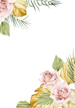 Suluboya tropikal çiçek çerçevesi. Glomour altın renginde kurumuş yapraklar ve çiçekli moda boho ve modern tarz. Düğün davetiyesi, tebrik kartı, poster için bohem çerçevesi.