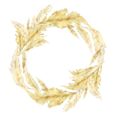 Boho tasarımı ve modern tarz için suluboya pampa graas çelengi. Altın çerçeveli Güney Amerika, tüylü çiçek başlıklı tüyler düğün davetiyesi, bebek hediye partisi kartı, tebrik kartı.