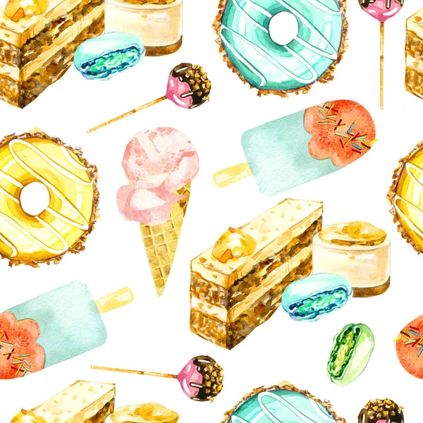Akvarell Zökkenőmentes Minta Édes Desszert Fagylalt Nyári Party Élelmiszer Digitális — Stock Fotó