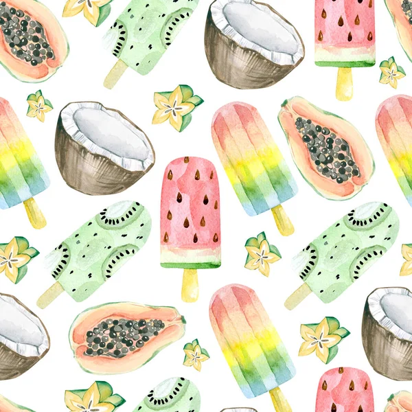Akvarell Zökkenőmentes Minta Trópusi Egzotikus Gyümölcs Fagylalt Nyári Party Élelmiszer — Stock Fotó
