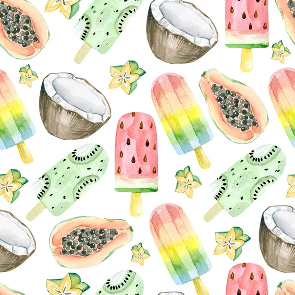 Suluboya desensiz tropikal meyve ve dondurma. Dijital kağıt veya tekstil kumaşı, ambalaj kağıdı, parti kartı geçmişi için yaz partisi yemekleri.