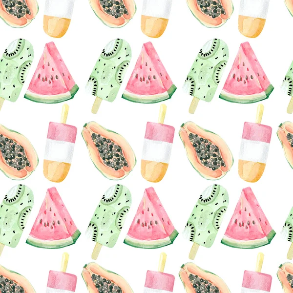 Watercolor seamless pattern tropical fruit and juce ice cream. Summer party food for digital paper or textile fabric, wrapping paper, party card background.
