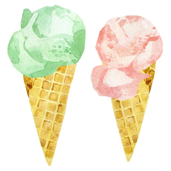 Watercolor Set Ice Cream Waffle Cone Summer Red Green Color — Stock Photo, Image