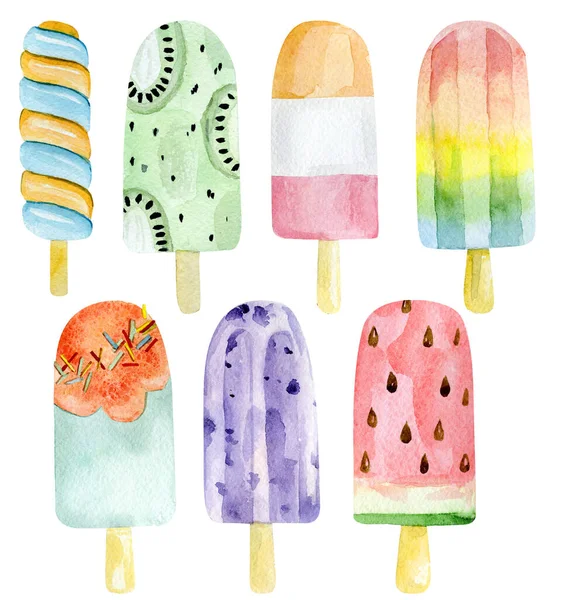 Suluboya dondurma takımı. Parti kartı, tebrik kartı, afiş, doğum günü için izole edilmiş beyaz arka planda yaz renkli tatlı.