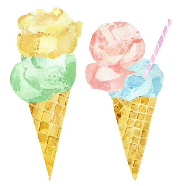 华夫饼锥中的一组软式冰淇淋的水彩画 夏日色彩斑斓的甜点 白色孤立的背景 — 图库照片