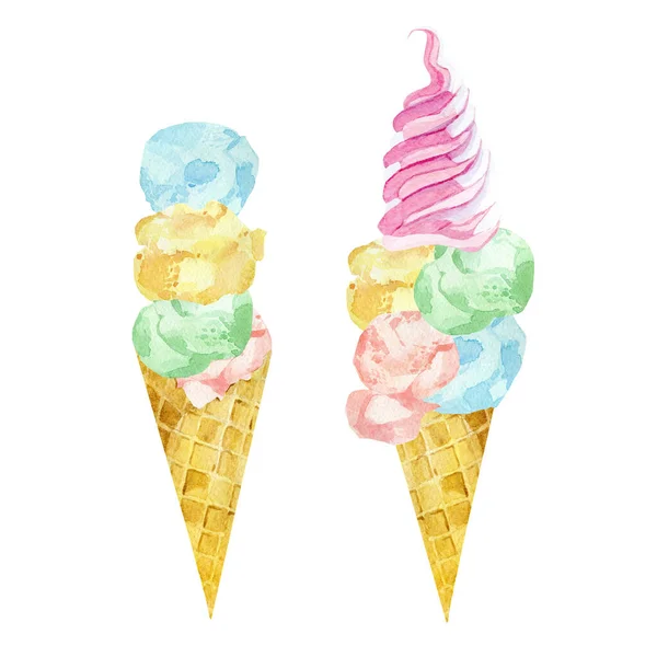 华夫饼蛋筒里的水彩软冰淇淋 夏日派对色彩艳丽的甜点 白色背景 — 图库照片