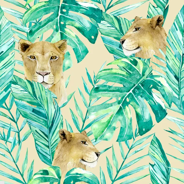 Watercolor wildlife exotic seamless pattern. Lion with colorful tropical leaves. African animals big cat background. Summer illustration
