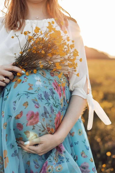 Pregnant Woman Holds Both Hands Abdomen Vertical Close Photo Background — Stockfoto