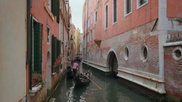 Gondola protéká přes den kanálem, Benátky, Itálie. Gondolierova navigační loď. Turisté se rádi projíždějí a fotí. Středověké budovy, kanálové vody — Stock video