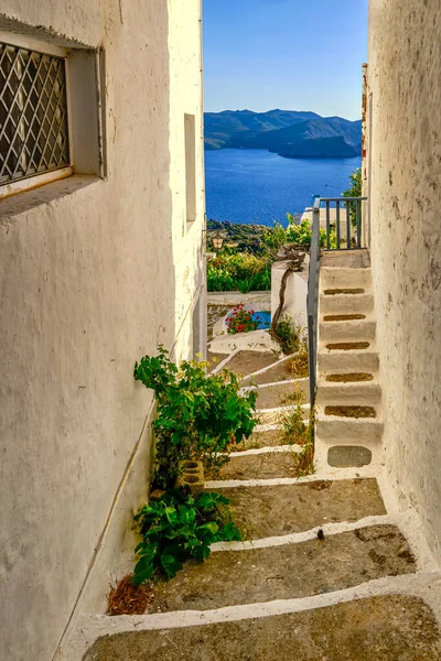 Deniz kenarındaki küçük Yunan köyünde günbatımında tipik manzara. Beyazlatılmış evler, saksılar, göl, asmalar. Geleneksel sokaklar, yaz güneşi, alçak güneş, mavi deniz suları, uzak tepeler, sessiz