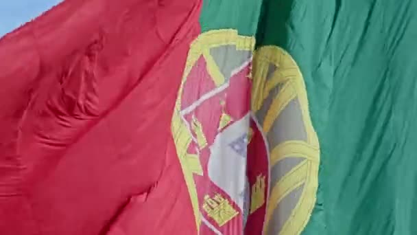 Close View Big National Flag Portugal Waving Wind Right Left — Stockvideo