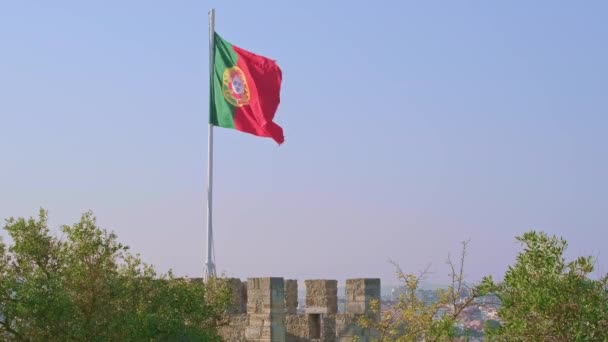 Low Sun View National Flag Portugal Waving Wind Clear Sunny — Stok video