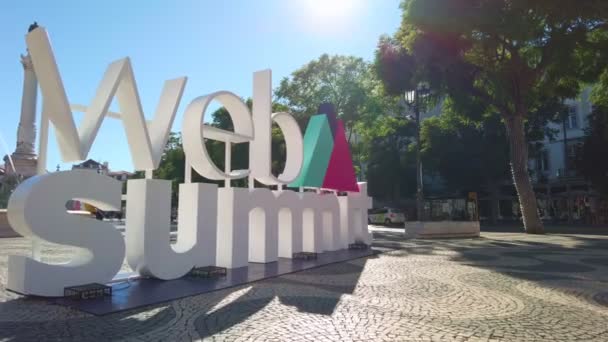 Web Summit Sign City Square Rossio Sunny Day Lisbon Portugal — Stock video