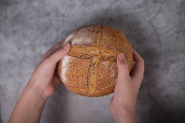 Gri arka planda izole edilmiş bir somun ekmek çocuğun ellerinde.