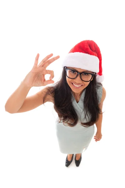 Weihnachten Weihnachten Winter Glückskonzept Frau Mit Weihnachtsmütze Und Brille Die — Stockfoto