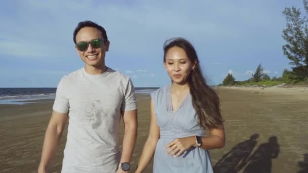 カップル 家族のコンセプト 若いマレーシアのカップルの肖像画一緒にビーチで屋外で時間を過ごす — ストック動画