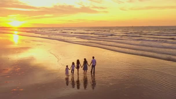Vista Aérea Siluetas Familia Feliz Caminando Tomándose Las Manos Playa — Vídeos de Stock