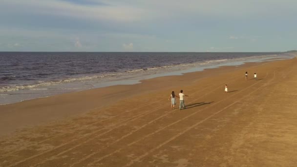 Velká Šťastná Rodina Procházce Pláži Máma Táta Tři Dcery Potěšení — Stock video
