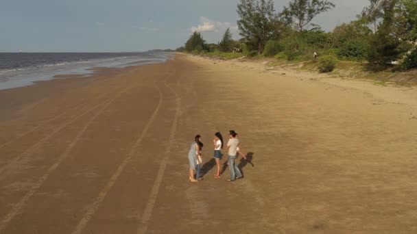 Velká Šťastná Asijská Rodina Stojí Mluví Pláži Máma Táta Tři — Stock video