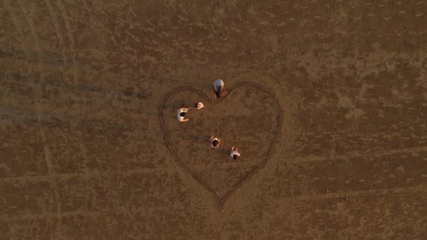 Luftaufnahme Einer Großen Asiatischen Familie Ziehen Herzen Sand Zusammen Familien — Stockvideo