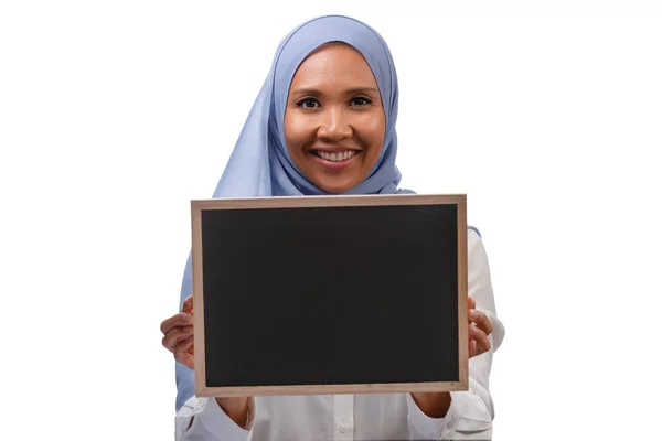 Young Smiling Asian Student Girl Holding Blank Chalkboard Isolated White — Stock Photo, Image
