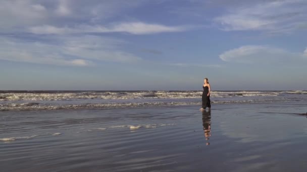 Elegantes Mujeres Vestido Negro Largo Caminando Por Playa Cerca Del — Vídeos de Stock