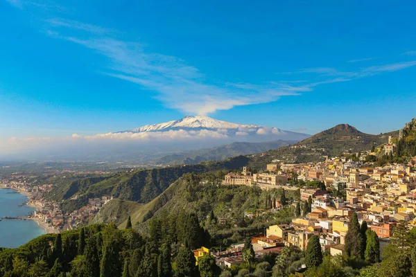 Taormina Italië November 2021 Uitzicht Etna Mount Vanuit Taormina Teatro — Stockfoto