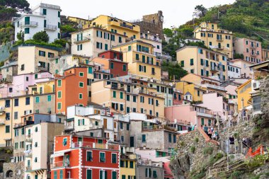 Vernazza, ITALY - Haziran 2019: Geleneksel İtalyan mimarisi, Vernazza, İtalyan Riviera, Cinque Terre, Liguria, İtalya 'daki tepelerde renkli evler
