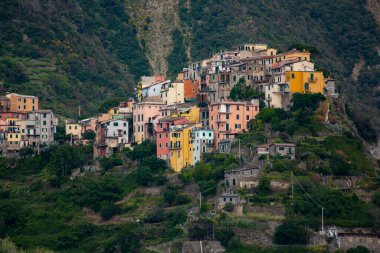 Vernazza, ITALY - Haziran 2019: Geleneksel İtalyan mimarisi, Vernazza, İtalyan Riviera, Cinque Terre, Liguria, İtalya 'daki tepelerde renkli evler