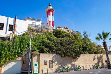 JAFFA, ISRAEL - December 2019: Jaffa lighthouse, old buildings in Jaffa port, Tel Aviv, Israel