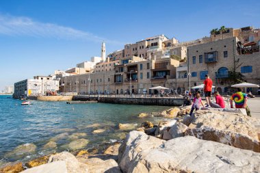 JAFFA, ISRAEL - Aralık 2019: Jaffa limanında tekneler, Tel Aviv, İsrail 'de eski bir kasaba