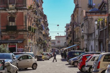 CATANIA, Italy - November 2021: Old traditional architecture details in Catania, street of Catania downtown, Sichily, Italy