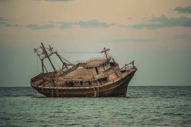 MARSA ALAM, EGYPT - December 2021: Fishing wooden ship wreckin Marsa Alam, Egypt