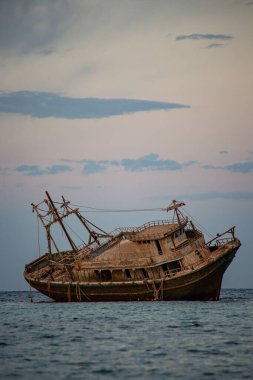 MARSA ALAM, EGYPT - December 2021: Fishing wooden ship wreckin Marsa Alam, Egypt