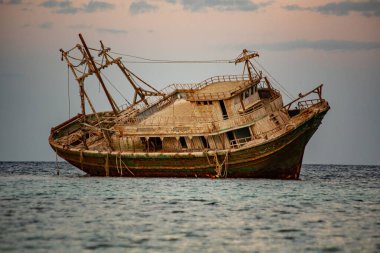 MARSA ALAM, EGYPT - December 2021: Fishing wooden ship wreckin Marsa Alam, Egypt