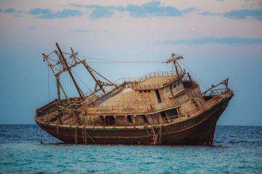 MARSA ALAM, EGYPT - December 2021: Fishing wooden ship wreckin Marsa Alam, Egypt