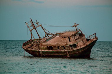 MARSA ALAM, EGYPT - December 2021: Fishing wooden ship wreckin Marsa Alam, Egypt