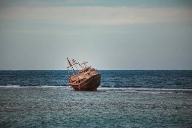 MARSA ALAM, EGYPT - December 2021: Fishing wooden ship wreckin Marsa Alam, Egypt