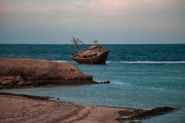 MARSA ALAM, EGYPT - December 2021: Fishing wooden ship wreckin Marsa Alam, Egypt