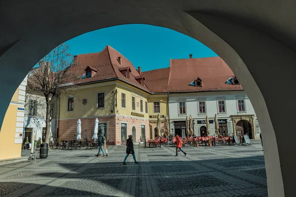 Sibiu Roménia Março 2022 Cidade Velha Sibiu Casas Antigas Coloridas — Fotografia de Stock
